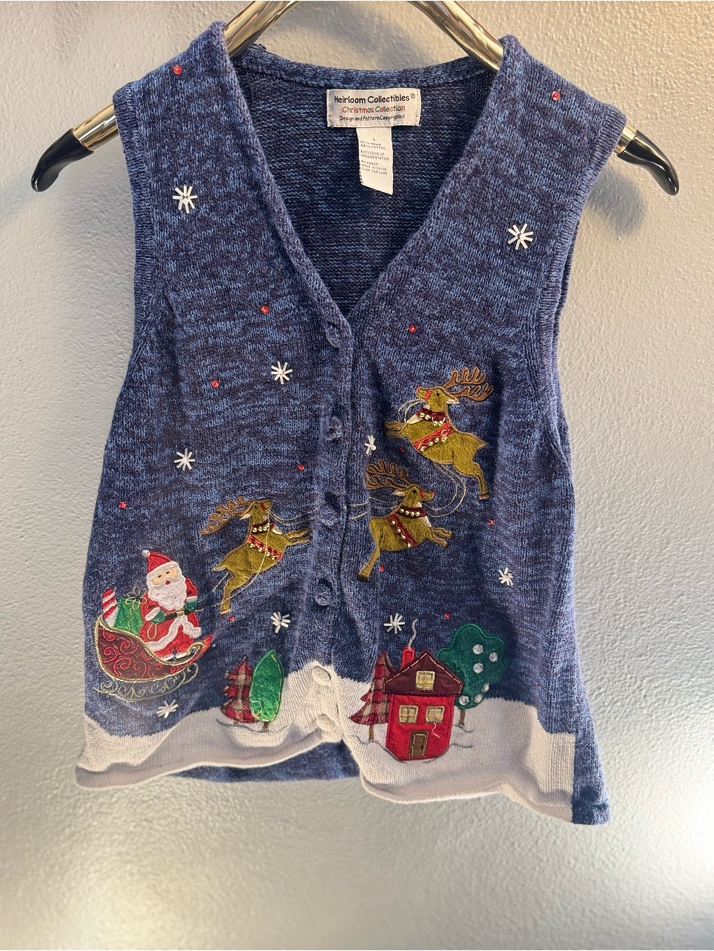 Vintage Heirloom Collectibles Women's Blue Holiday Vest with Santa & Reindeer